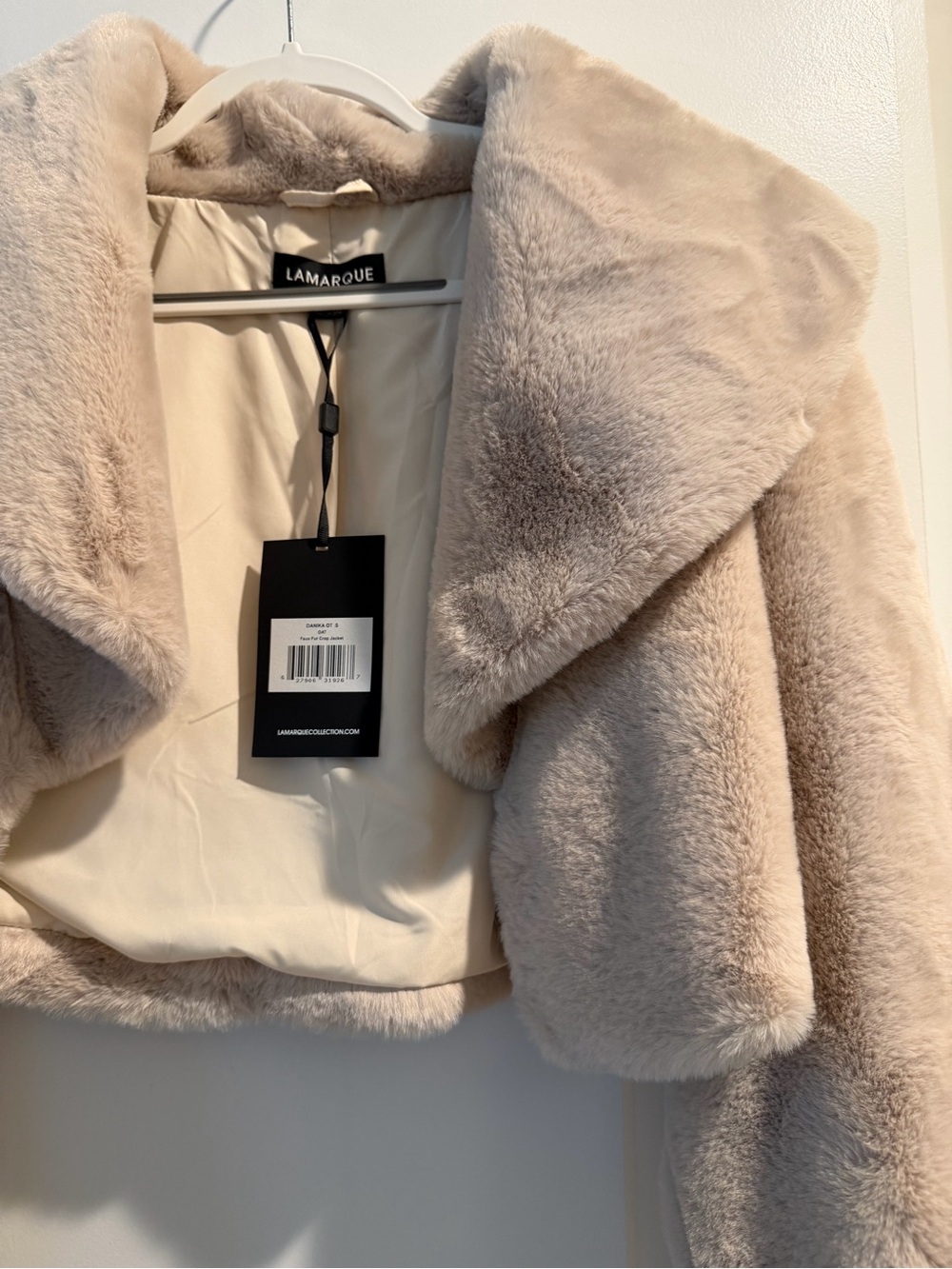 Lamarque Cropped Faux Fur Jacket in Soft Blush Taupe - Picture 3 of 7